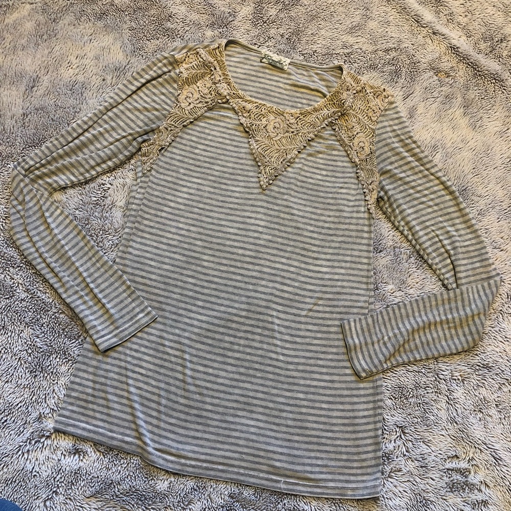 Gimmicks BKE Striped Crochet Neckline Top